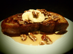 Maple Pecan French Toast topped with sliced Banana